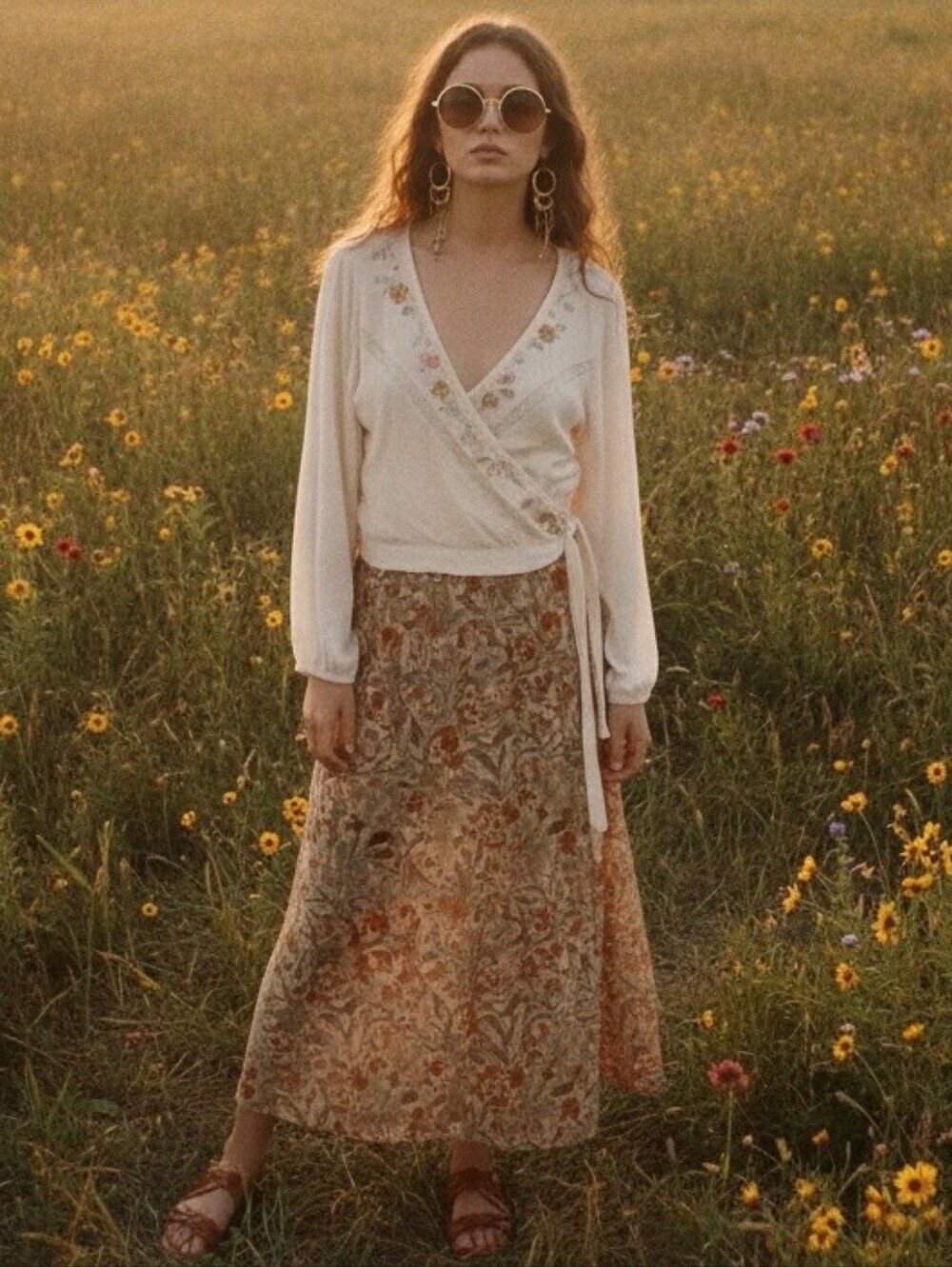 "Ever After" Appliqued Tie Front Cotton Off White Bohemian Shirt Sz L.  NWT